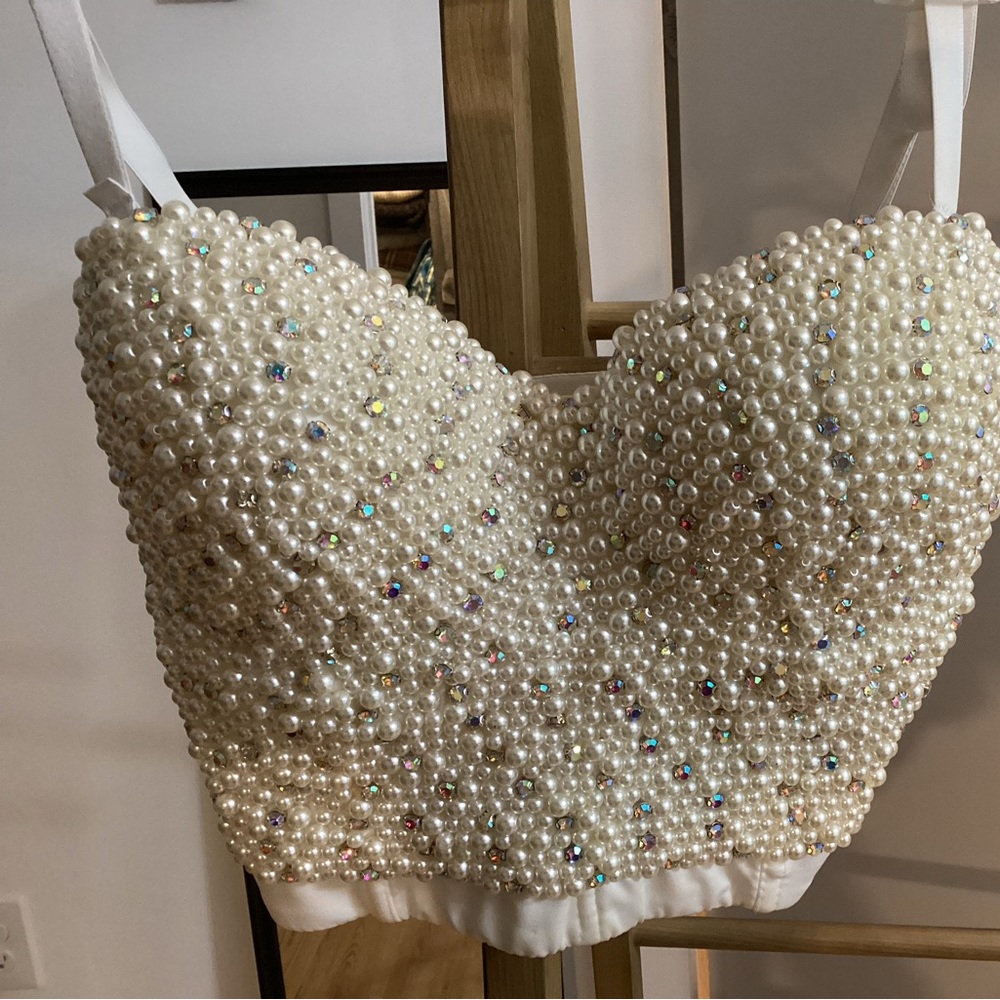 Pearl and rhinestone bustier top